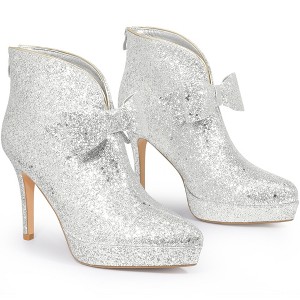 BLISSFUL STEP Women's Glitter Bow Stiletto Heel with Platform Ankle Boots - 1 of 4