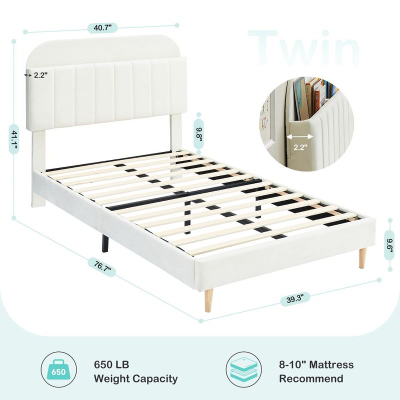 Twin Bed Frames, Upholstered Platform Bed Frame with Bookcase Headboard, Velvet Platform Bed Mattress Foundation, Steel Support Legs, Noise Free, 5 of 9