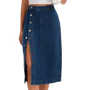 INSPIRE CHIC Women's Denim High Waisted Button Up Casual Slit Midi Skirt - 1 of 4