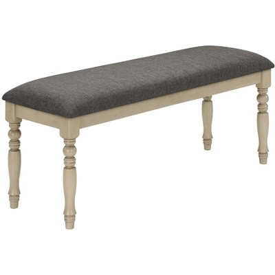 Antique Gray 48" Upholstered Wood Bench with Turned Legs