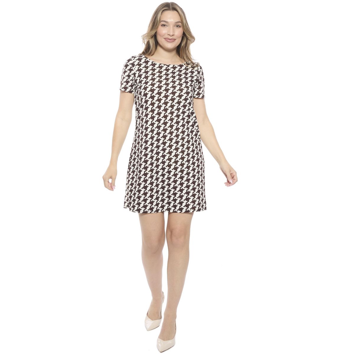 Womens Geometric Short Sleeve Round Neck Mini Shift Dress - 24seven Comfort Apparel™