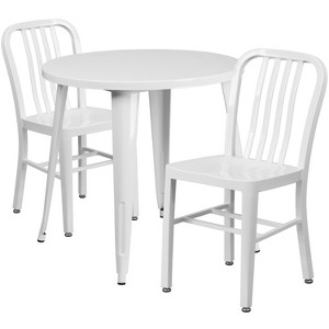 Emma and Oliver Commercial Grade 30" Round Metal Indoor-Outdoor Table Set & 2 Slat Back Chairs - 1 of 4