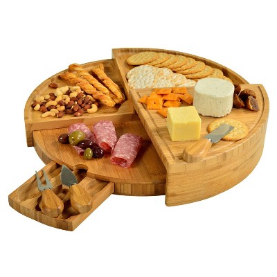 Picnic at Ascot Patented Swiveling Multi Level Extra Large Bamboo Charcuterie Board with Cheese Knife Set, Stores as a Compact Wedge