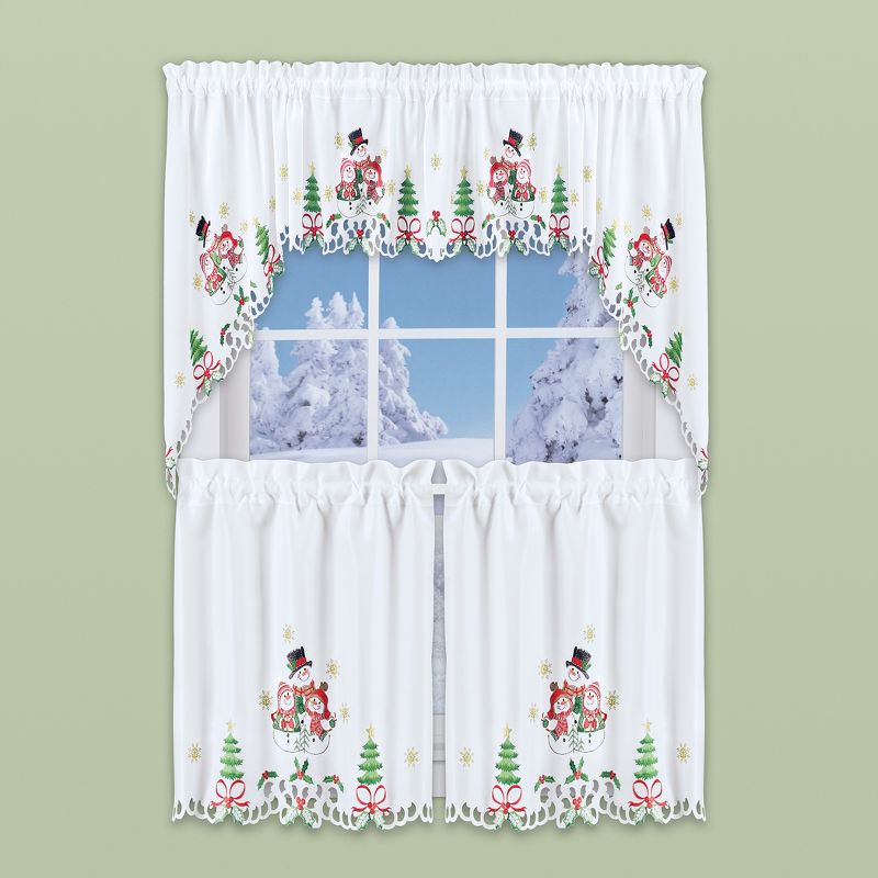 Collections Etc Lovely Snow Family Embroidered Christmas Kitchen Curtains 24"L Tiers, 3 of 4
