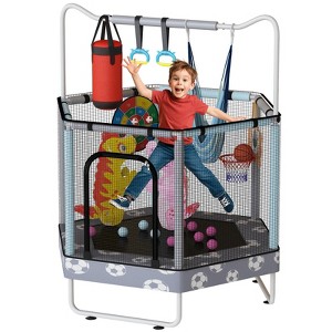 Hooseng 55" Hexagon Trampoline for Kids with Safety Enclosure Net, Indoor & Outdoor Toddler Trampoline with Adjustable Gymnastics Bar & Toys - 1 of 4