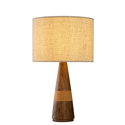 ALOADECOR 28'' Farmhouse Honey Brown Wood Bedside Table Lamp – Classic Drum Shape Nightstand Lamp with Beige Fabric Shade for Bedroom, Living Room