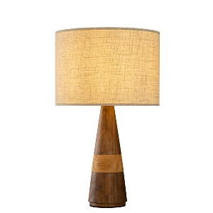 ALOADECOR 28'' Farmhouse Honey Brown Wood Bedside Table Lamp – Classic Drum Shape Nightstand Lamp with Beige Fabric Shade for Bedroom, Living Room - 1 of 4