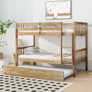NicBex Twin over Twin Bunk Bed Convertible Triple Wooden Bed Frame with Trundle, Ladder and Full Length Guardrail, No Box Spring Required - 1 of 4