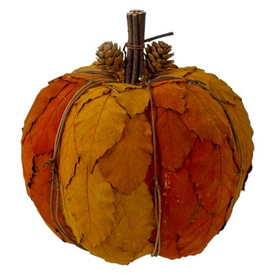 Northlight Fall Harvest Layered Leaves Pumpkin with Pinecones Decoration - 7.5" - Orange