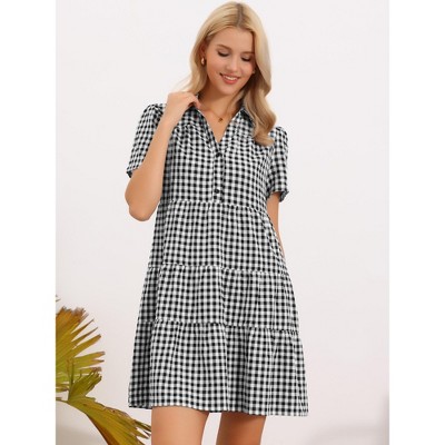 Женские платья INSPIRE CHIC Women's Gingham Vintage V Neck Short Sleeve Button Front Swing Tiered Mini Dresses Small Black — фото 2