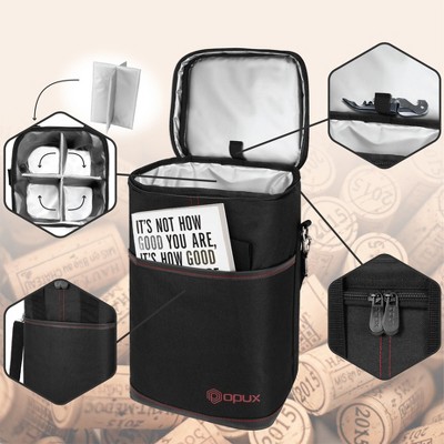 Black Insulated 4-Bottle Wine Tote Carrier with Shoulder Strap