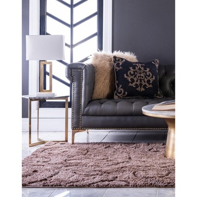Brown Floral Shag Synthetic Rectangular Area Rug 5' x 8'