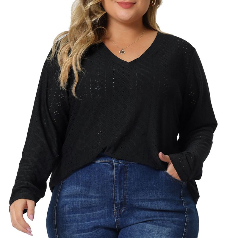 Agnes Orinda Women's Plus Size Long Sleeve Hollow Out V Neck Blouse, 2 of 6