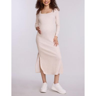 Women's Square Neck Rib Knit Long Sleeve Bodycon Maxi Dress - Oatmeal - Size: Medium - Motherhood Maternity