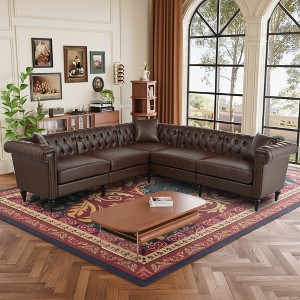 99.5'' PU Leather L-Shaped Sectional SofasCouch with Rolled Arms, Nailhead Trim and Tufted Back, 5-Seater for Living Room - 1 of 4