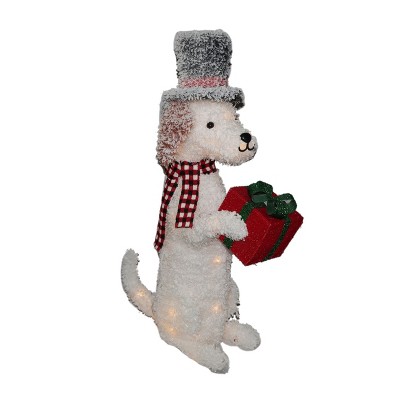 Season's Designs 3.3 ft Christmas White Sitting Dog in Top Hat Holding Gift Box Decoration Indoor/Outdoor Use, Polyester, Ground Freestanding,