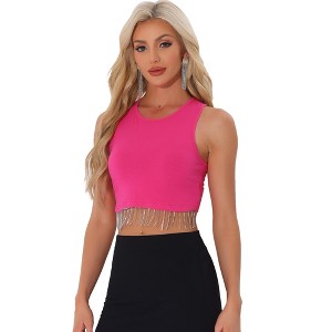 Allegra K Women's Round Neck Sleeveless Party Rhinestone Fringe Crop Tank Tops - 1 of 4