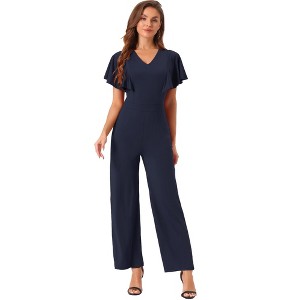 Allegra K Women's V Neck High Waist Flutter Short Sleeve Long Wide Leg Jumpsuits - 1 of 4