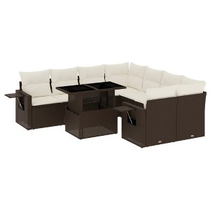 vidaXL Patio Sofa Set with Cushions Outdoor Furniture 9 Piece Poly Rattan - Brown and Cream without storage - 1 of 4