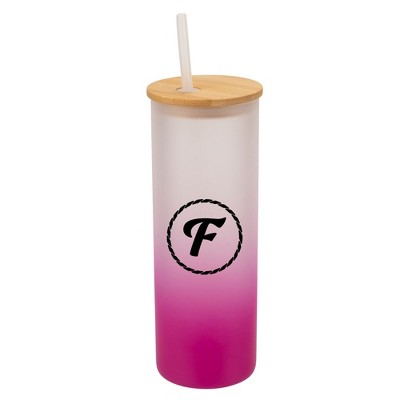Elanze Designs F Monogram Letter Initial Rope Circle Wrap-Around Design 25 Ounce Frosted Gradient Glass On-The-Go Coffee Travel Skinny Tumbler Mug