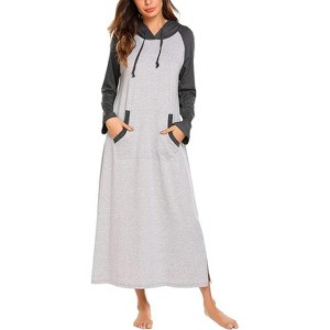 Ekouaer Nightgowns for Women Cotton Nightgown Long Sleeve Hooded Night Gown Contrast Color Full Length Loungewear with Pocket - 1 of 4