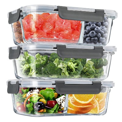 LunaLulinlk 6-Piece Glass Food Storage Containers with Lids, Glass Airtight Meal Containers, Oven and Freezer Safe, Leak-Proof - Gray