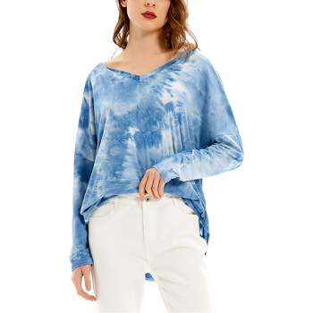 Anna-Kaci Women's Long Sleeve T Shirt V Neck Casual Basic Tee Tie Dye Tops- Medium ,Blue