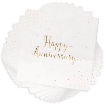 Blue Panda 50-Pack Cocktail Disposable Napkins - Happy Anniversary Printed in Gold Foil Confetti