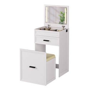 Fredees 3-in-1 Vanity Desk: Flip Top Mirror, LED Lights, Charging Station, Storage Drawers, Cushioned Stool for Bedroom - 1 of 4