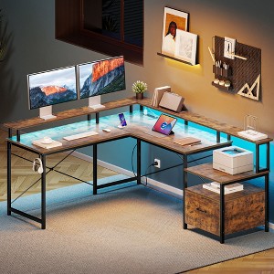 Greenstell Modern L-shaped computer desk - with LED lights, storage filing cabinet, and flip-up corners - 1 of 4
