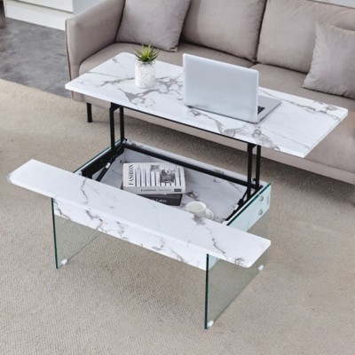 Home and Office Versatile Black Marble Lift-Top Coffee Table with Glass Legs