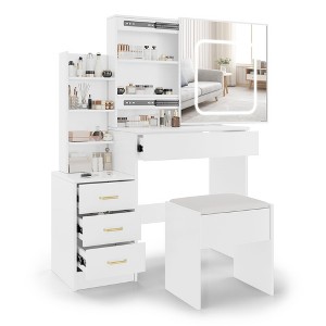 Makeup Vanity Desk with Mirror, Vanity Table and Chair Set, 3 Color Modes Adjustable, Multi-Layer Shelves and Drawer Storage, for Bedroom - 1 of 4