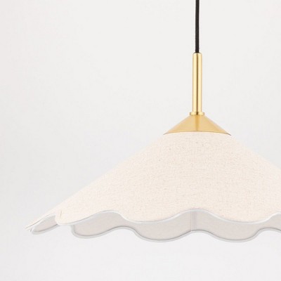 Elegant Scalloped Edge Linen & Aged Brass 20" Pendant Light