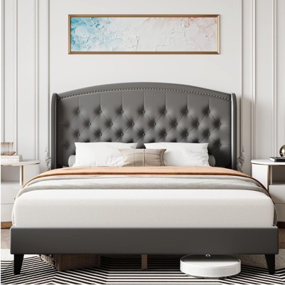 Bed Frame, Soft Velvet Upholstered Platform Bed Frame with Wingback Headboard and Button Tufted Design, Wood Slat Support