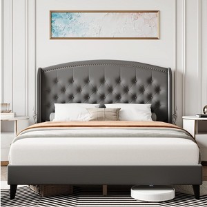 Bed Frame, Soft Velvet Upholstered Platform Bed Frame with Wingback Headboard and Button Tufted Design, Wood Slat Support - 1 of 4