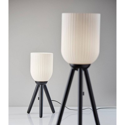Black Wood Tripod Table Lamp with Frosted Ribbed Glass Shade