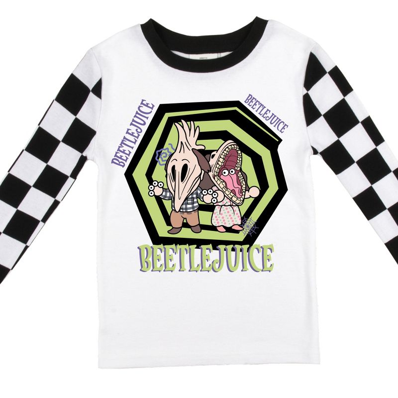Beetlejuice Character Group with Black and White Checker Pattern Youth Long Sleeve Pajama Set, 3 of 5