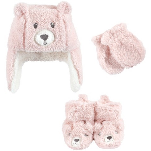 Hudson Baby Infant Girl Trapper Hat, Mitten and Bootie Set, Pink Bear, 0-6  Months