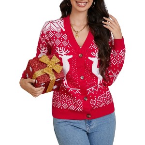 Women's Christmas Ugly Cardigans Sweater Ribbed Kint Open Front Long Sleeve Button Down Sweaters Cardigan - 1 of 4