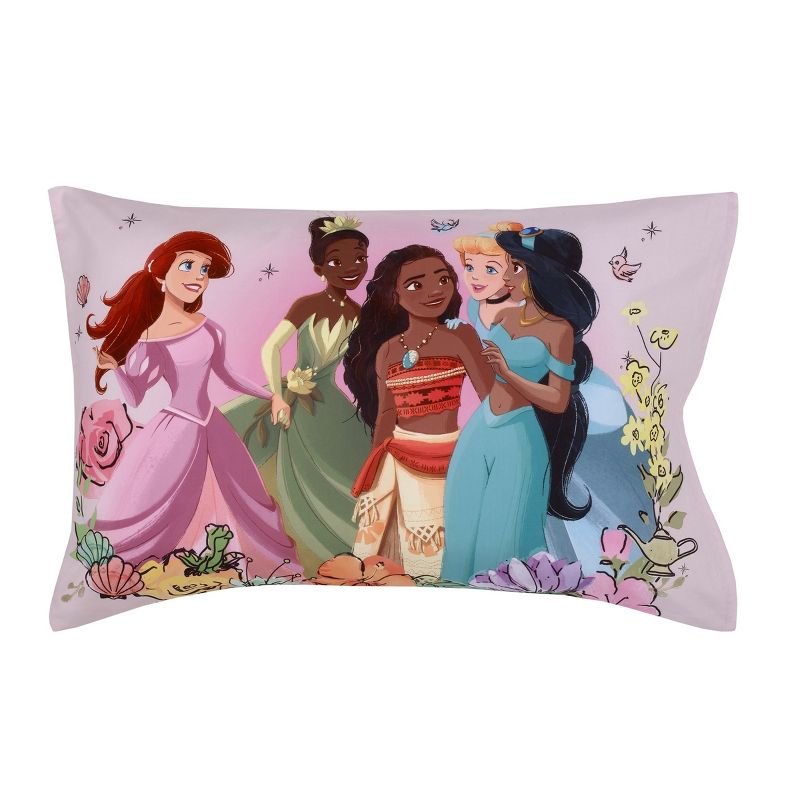 Disney Princesses Courage and Kindness Pink, Blue and White 2 Piece Toddler Sheet Set - Fitted Bottom Sheet and Reversible Pillowcase, 3 of 7