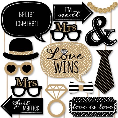Big Dot of Happiness Mrs. and Mrs. - Gold - Lesbian Wedding LGBTQ Photo Booth Props Kit - 20 Count
