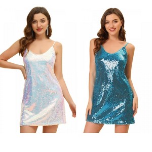 Allegra K Women's Glitter Sequin Spaghetti Strap V Neck Cocktail Sparkly Mini Dress 2 Packs - 1 of 4