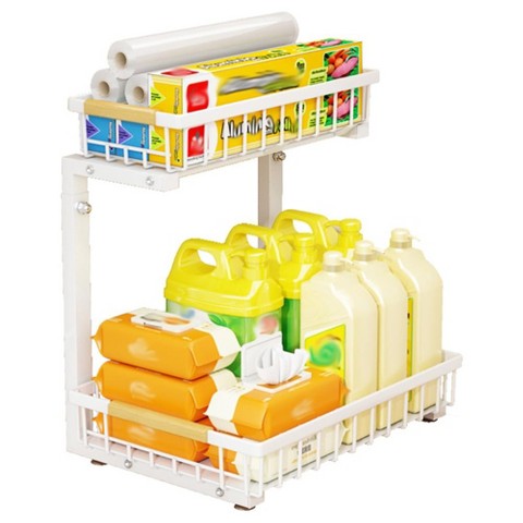 TruAIR White Under Sink Pull-Out Organizer ¨C 2-Tier Carbon Steel Storage Shelf for Kitchen/Bathroom Cabinets
