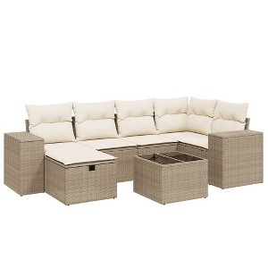 vidaXL 7 Piece Patio Sofa Set with Cushions Beige and Cream Poly Rattan - Without Storage 7 Pieces - 1 of 4