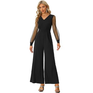 Allegra K Women's Elegant V Neck Mesh Long Sleeve Loose Wide Leg Party Jumpsuits - 1 of 4