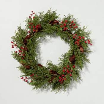 26" Faux Cedar & Winterberry Christmas Wreath with Pinecones - Hearth & Hand™ with Magnolia