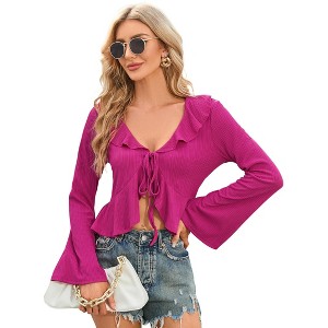 Womens Long Sleeve Ruffle Shirts Tie Front Fashion Blouse Deep V Neck Crop Top - 1 of 4