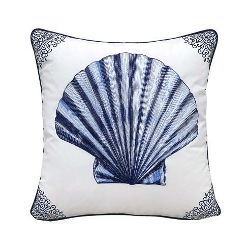 RightSide Designs Indigo Series Scallop Shell Embroidered Indoor Outdoor  Throw Pillow