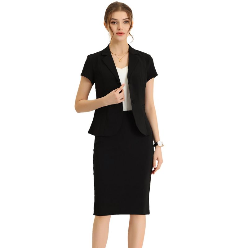 Allegra K Women's Short Sleeve Blazer Jacket Pencil Skirt Business Suit Set 2 Pcs, 1 of 6