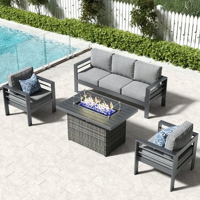 LayinSun Aluminum Furniture Set with Fire Pit Table, 4 Pieces Patio Sectional Conversation Chat Sofa Modern Seating Set